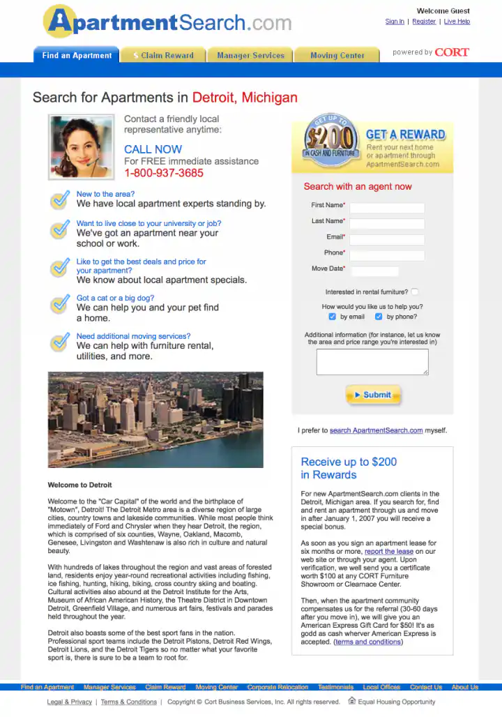 ApartmentSearch.com City Region Based A/B Landing Page Test Variation 1