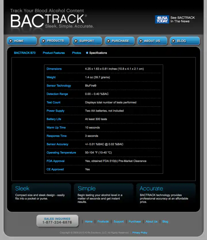 BACtrack Breathalyzers Specifications Page