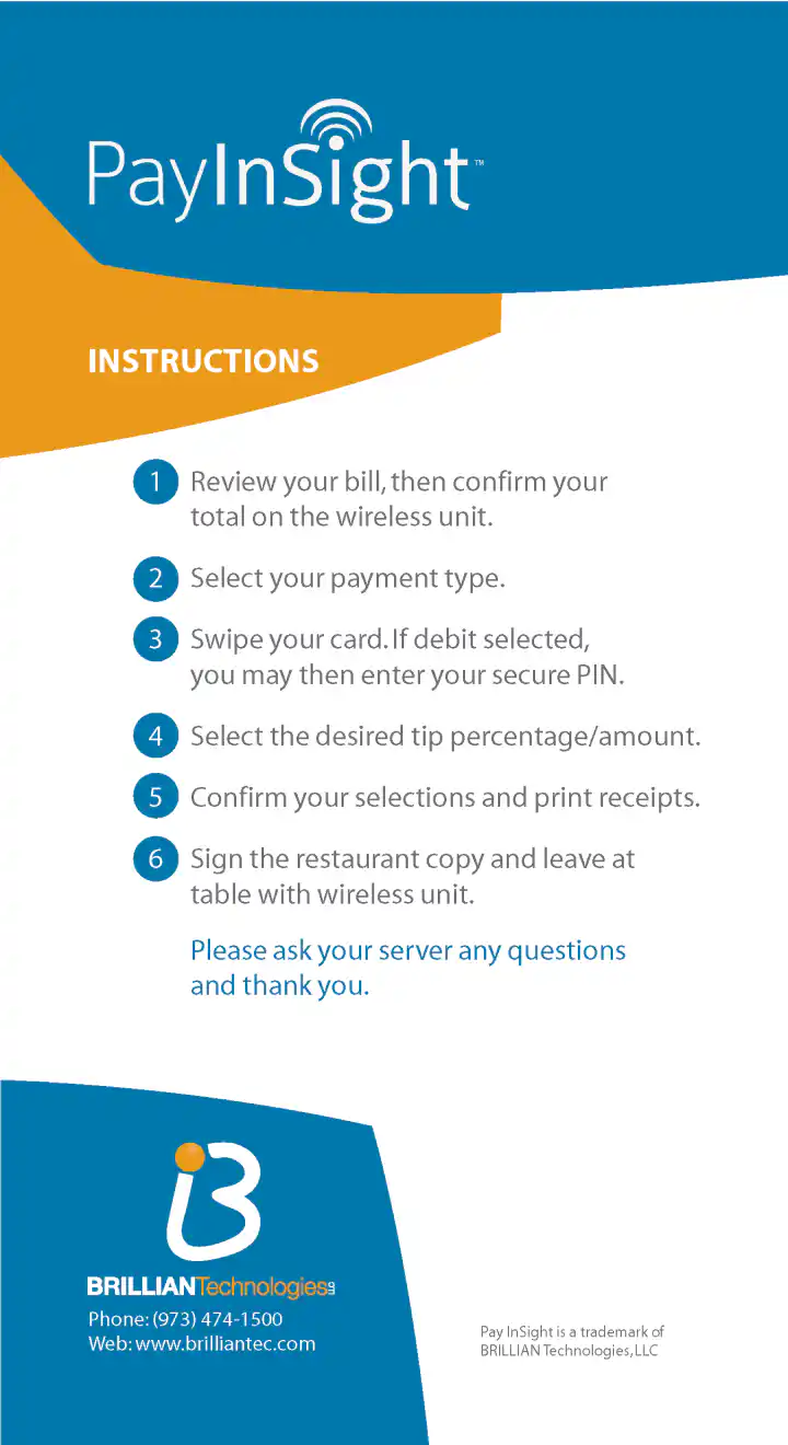 Brillian PayInsight™ Pay-At-The-Table Information Leaflet for Dining Customers - Back