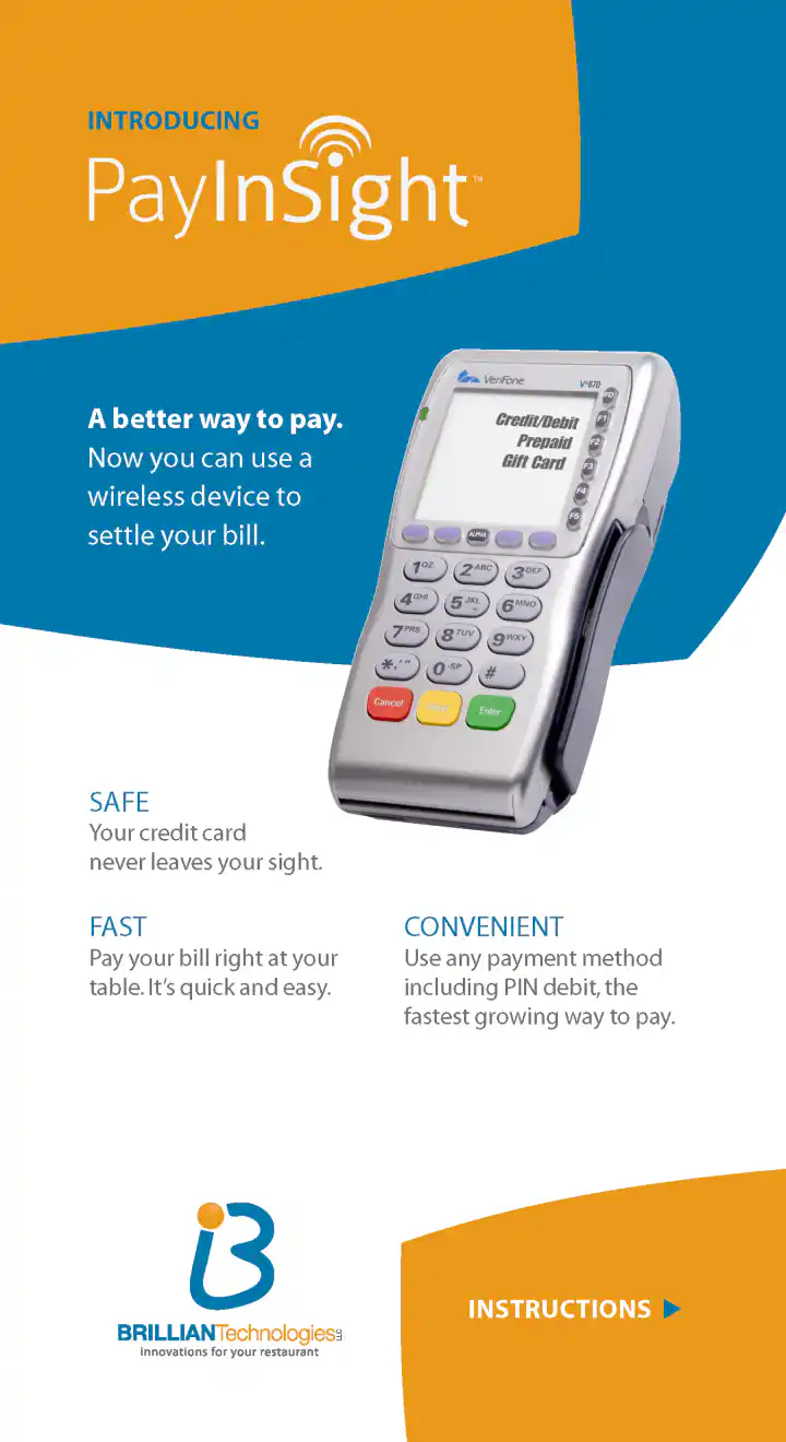 Brillian PayInsight™ Pay-At-The-Table Information Leaflet for Dining Customers - Front