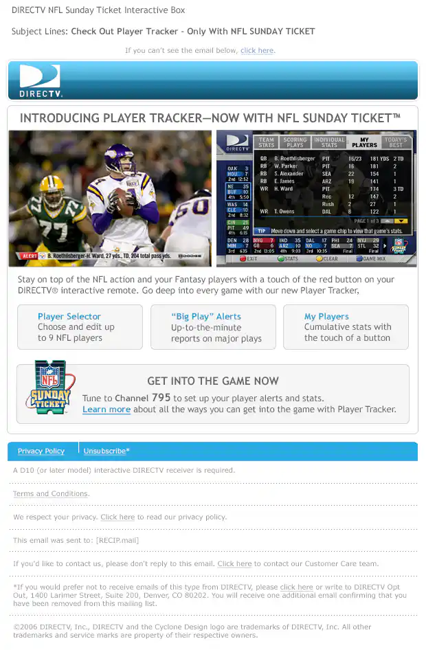 DIRECTV NFL Player Tracker Introduction Email