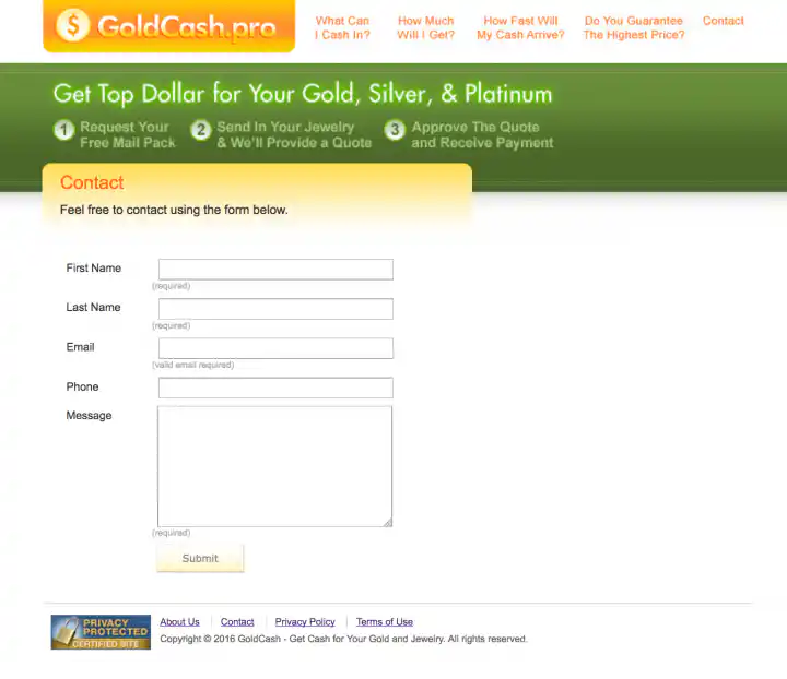 GoldCash.pro Website Design Contact Us Page