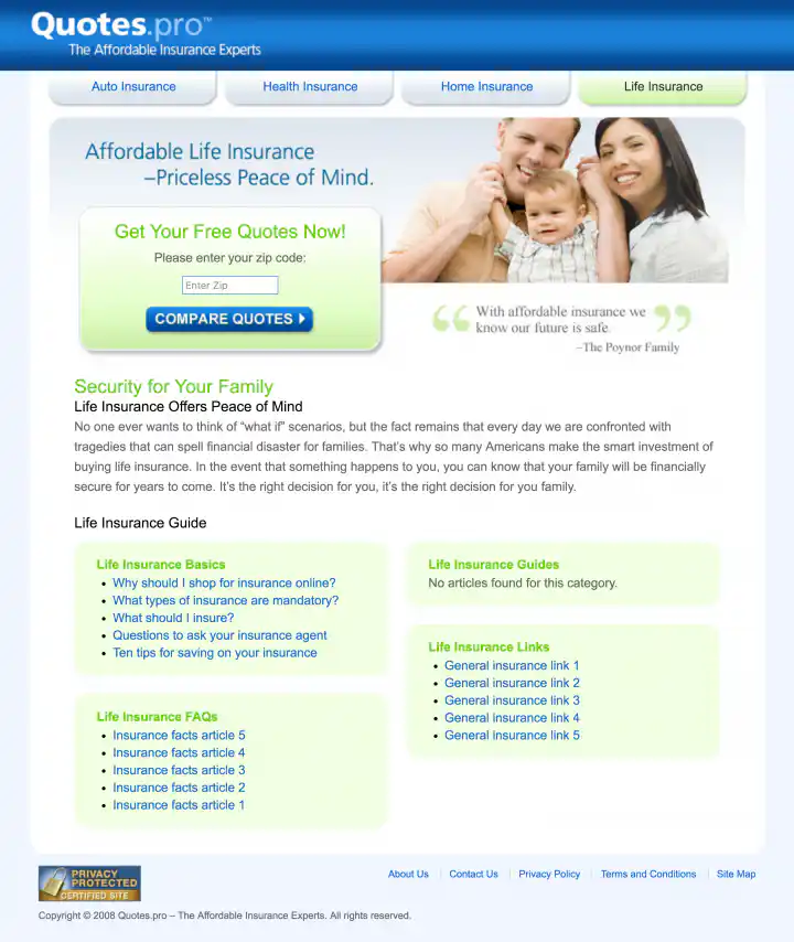 Quotes.pro Life Insurance Landing Page Design Screenshot