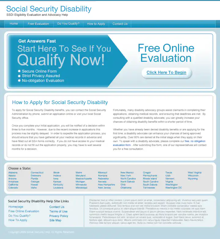 Social Security Disability Microsite Landing Page for SocialSecurityHelp.com