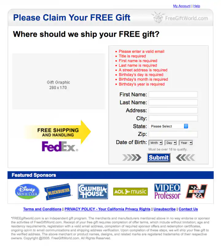 Adteractive FreeGiftWorld Landing Page Templates Step 2 Shipping Info Error Messages