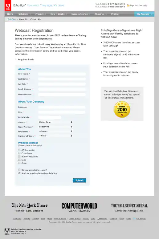 Adobe EchoSign Webinar Registration Landing Page