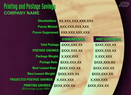Printing and Postage Savings Screen