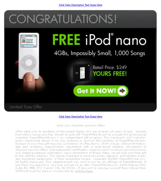 Adteractive “Congratulations! Free Apple iPod nano” Campaign