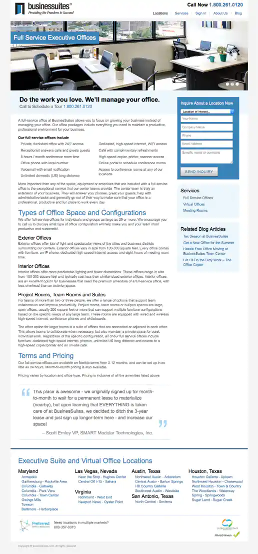 Landing Page for Full Service Executive Offices