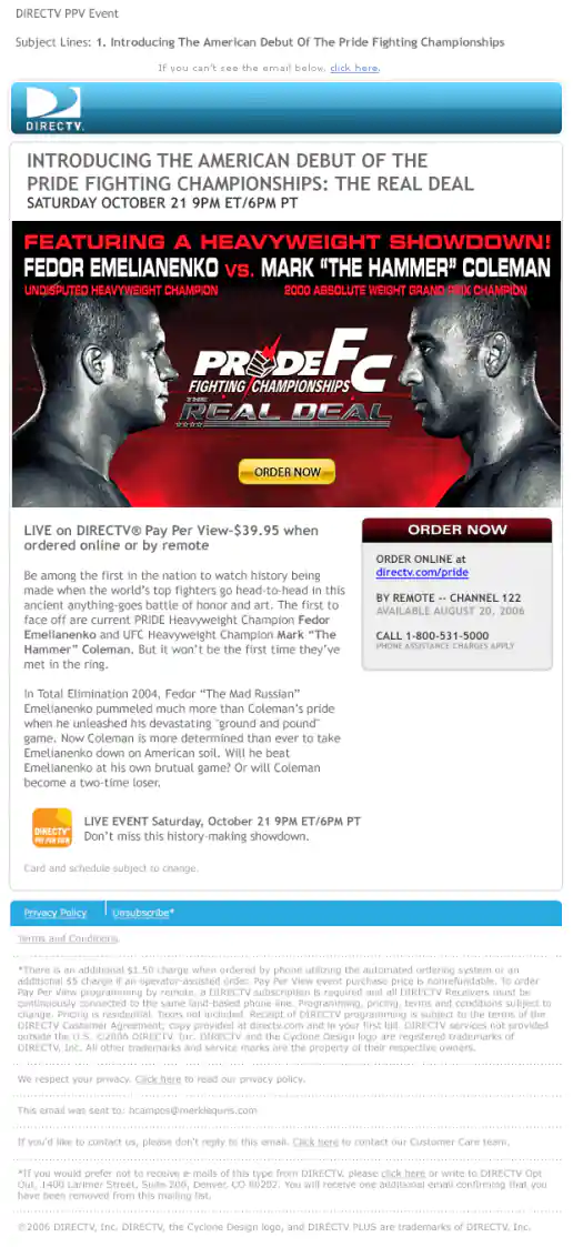 Pay-Per-View Pride Fighting Championship Debut Email