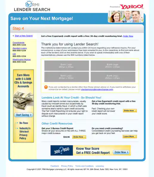 Yahoo! Lender Search “Lenders Direct” Campaign Exit Page