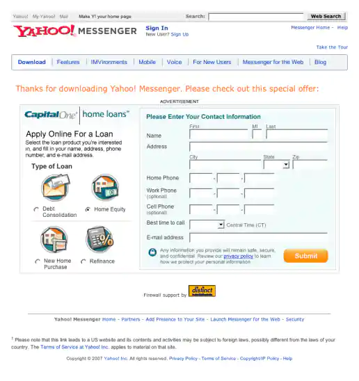 Yahoo! Messenger Form Ad Mockup for CaptialOne Home Loans