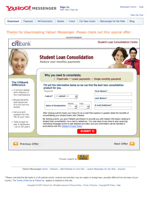 Yahoo! Messenger Form Ad Mockup for Citibank Student Loan Consolidation project image