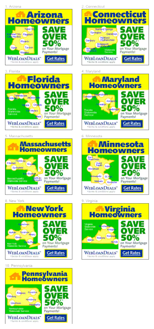 Yahoo! WebLoanDeals.com “State Based” Geo Targeted Home Mortgage Banner Ads