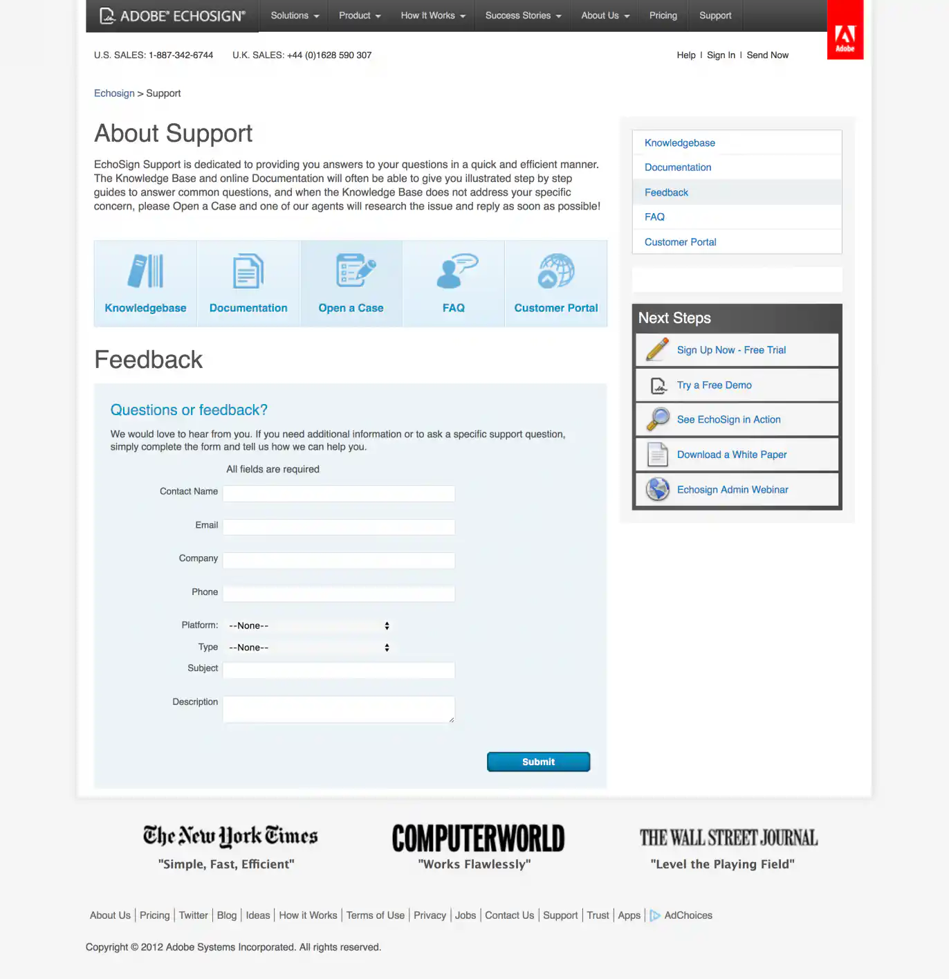 Screenshot of support page