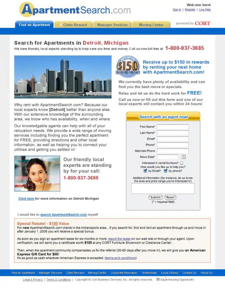 ApartmentSearch.com City Region Based A/B Landing Page Test Variation 2