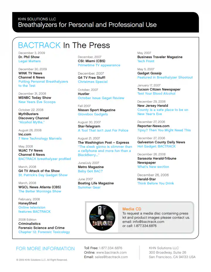 BACtrack Breathalyzer In The Press Information Sheet Back