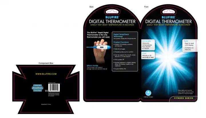BluFire Digital Thermometer Clamshell Packaging Header Card Design