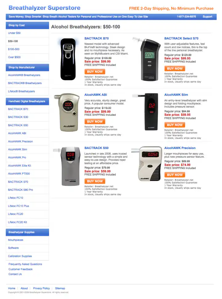BreathalyzerSuperstore.com Affiliate Website Design Price Category Page