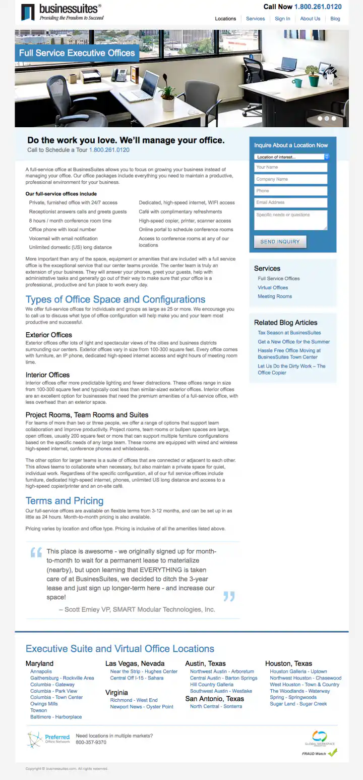 BusinesSuites Office Services Landing Page for Full Service Executive Offices