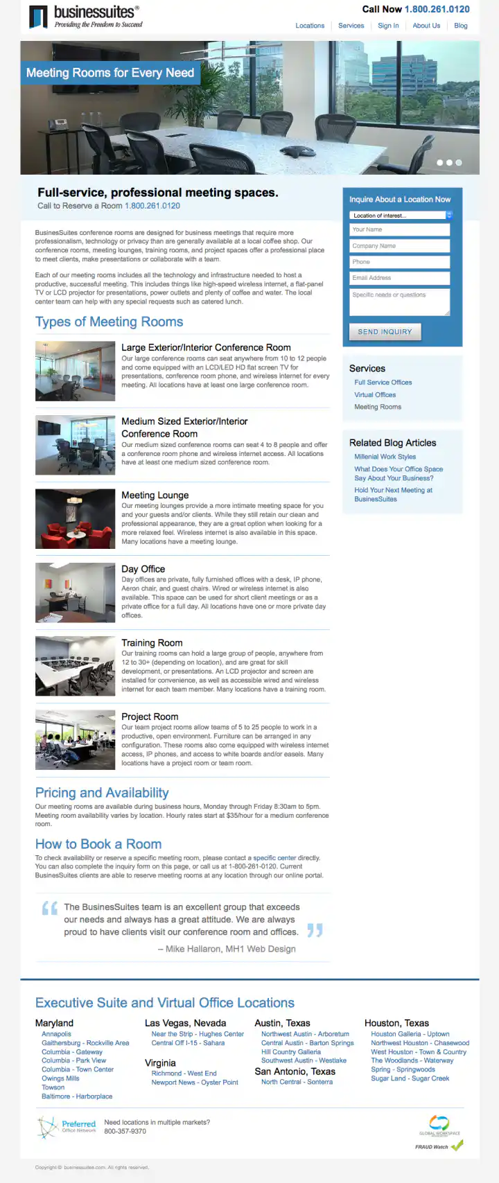 BusinesSuites Office Services Landing Page for Meeting Rooms