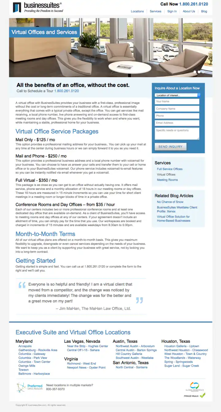 BusinesSuites Office Services Landing Page for Virtual Offices and Services