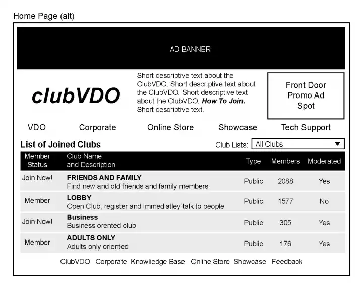 ClubVDO Website Wireframe - Homepage Alternate