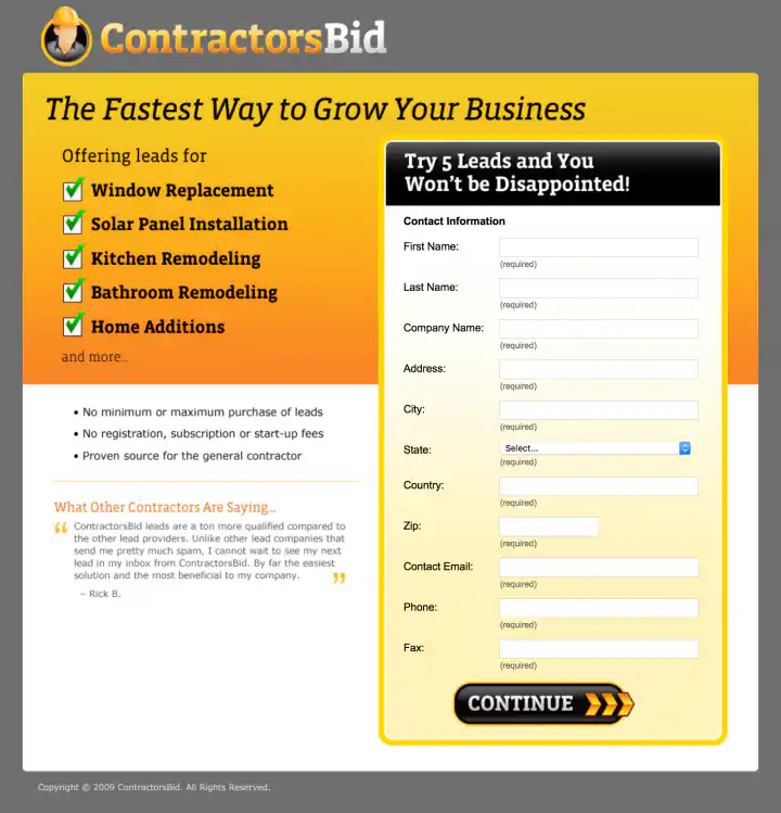 Contractors Bid Microsite - Step 1 Form Page