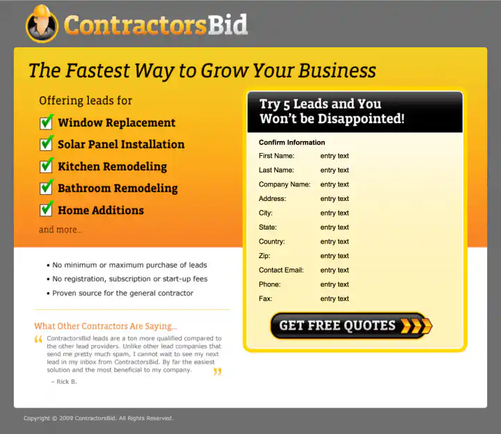 Contractors Bid Microsite - Step 2 Confirmation Page