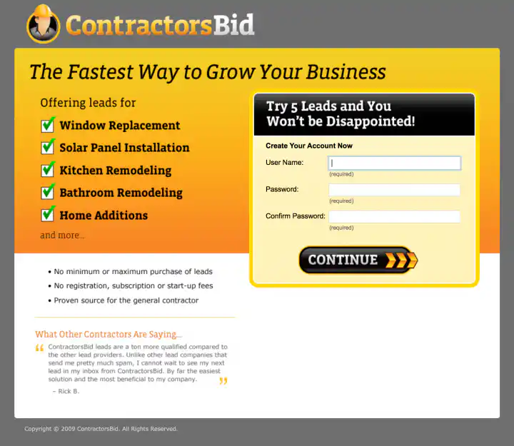 Contractors Bid Landing Page