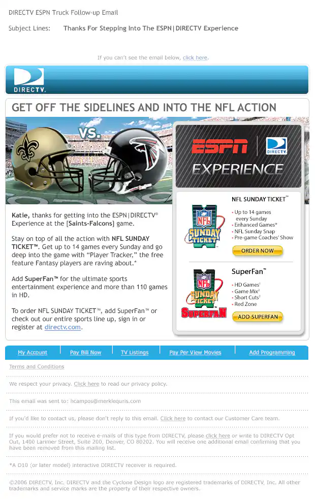 DIRECTV ESPN Experience - NFL Sunday Ticket, SuperFan Email
