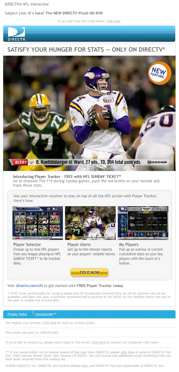 DIRECTV Plus NFL Sunday Ticket Interactive Box Email