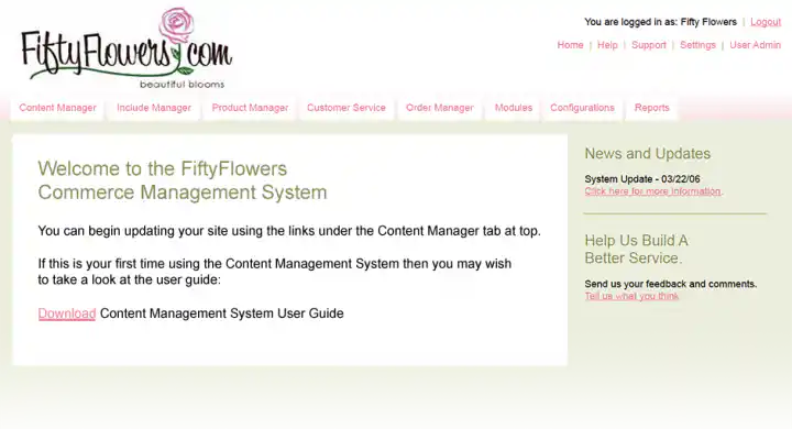 FiftyFlowers Commerce Management System - Welcome Page