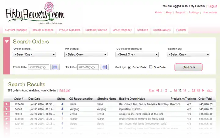 FiftyFlowers Commerce Management System - Search Page