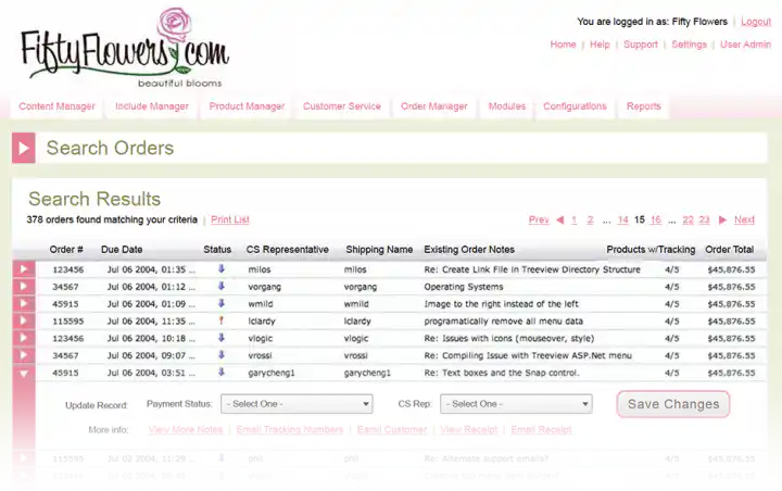FiftyFlowers Commerce Management System - Orders List
