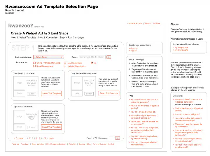 Ad Selection Template Wireframe