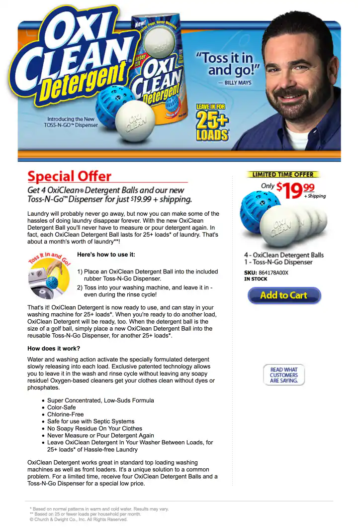 OxiClean Detergent Toss-N-Go Dispenser Campaign With Billy Mays Landing Page