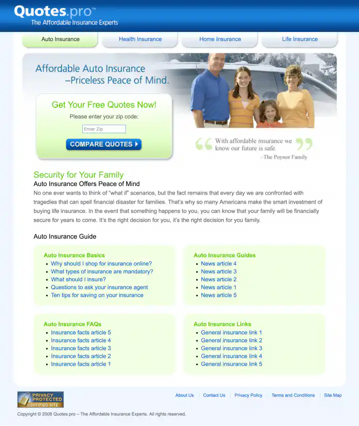 Quotes.pro Auto Insurance Landing Page Design Screenshot