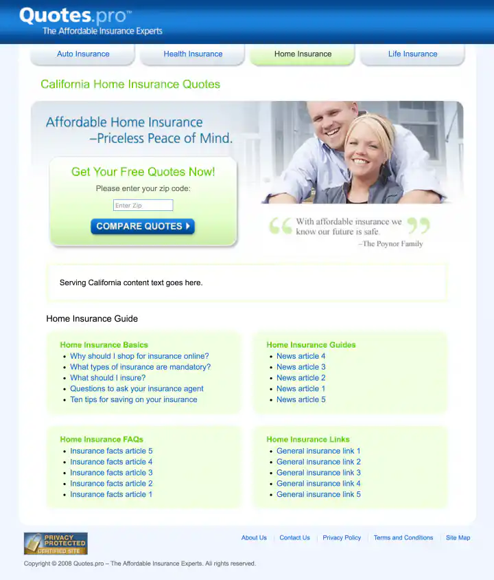 Quotes.pro California Home Insurance Landing Page Design Screenshot