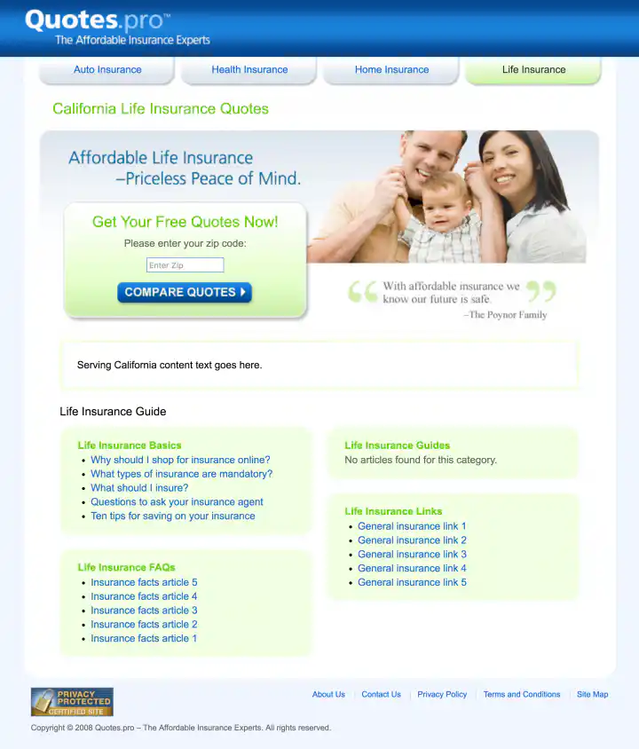 Quotes.pro California Life Insurance Landing Page Design Screenshot