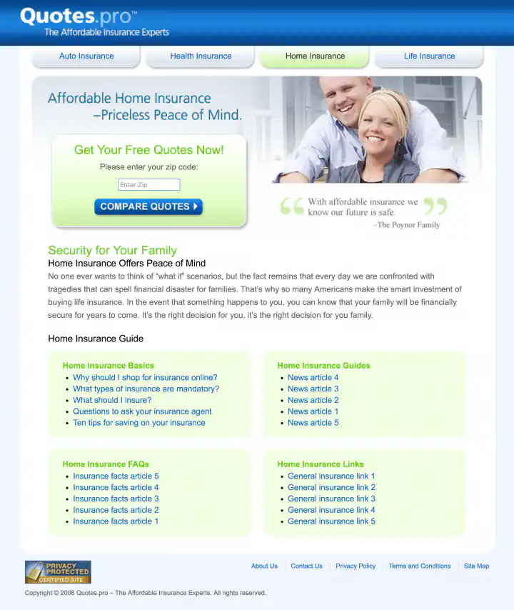 Quotes.pro Home Insurance Landing Page Design Screenshot