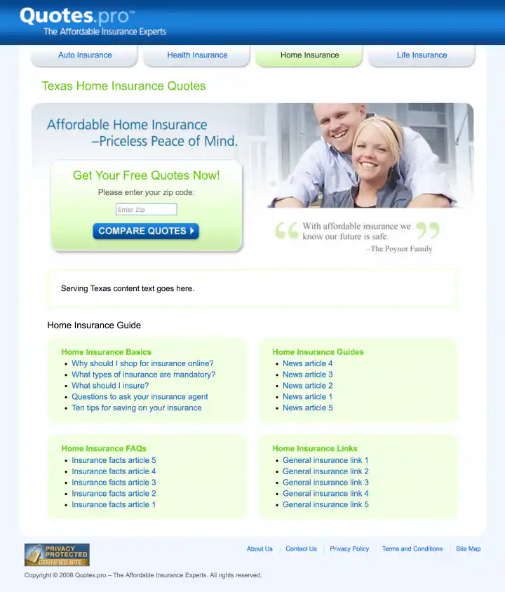 Quotes.pro Texas Home Insurance Landing Page Design Screenshot