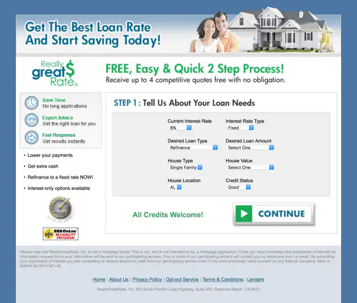 ReallyGreatRate Home Loan Landing Page Version 3, Step 1