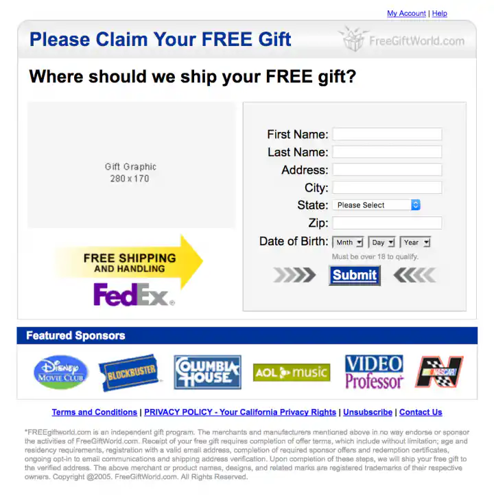 Adteractive FreeGiftWorld Landing Page Templates Step 2 Shipping Info Entry Form