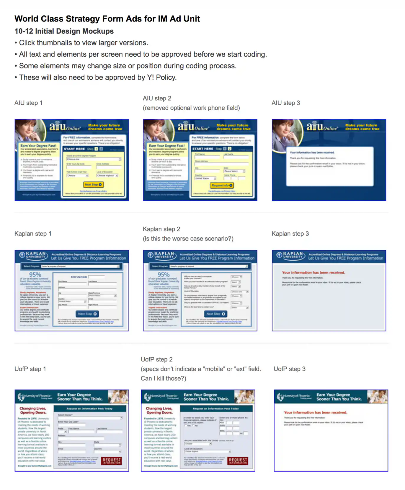 Screenshot of example presentation showing three ad campaigns with notes