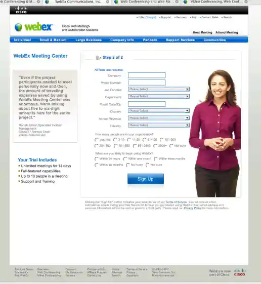 Cisco Webex Free Trial Signup Step 2 Form, Multi-variant Test Variations