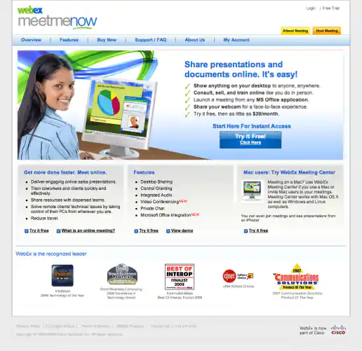 Cisco WebEx MeetMeNow Co-branded Product Page Design project image