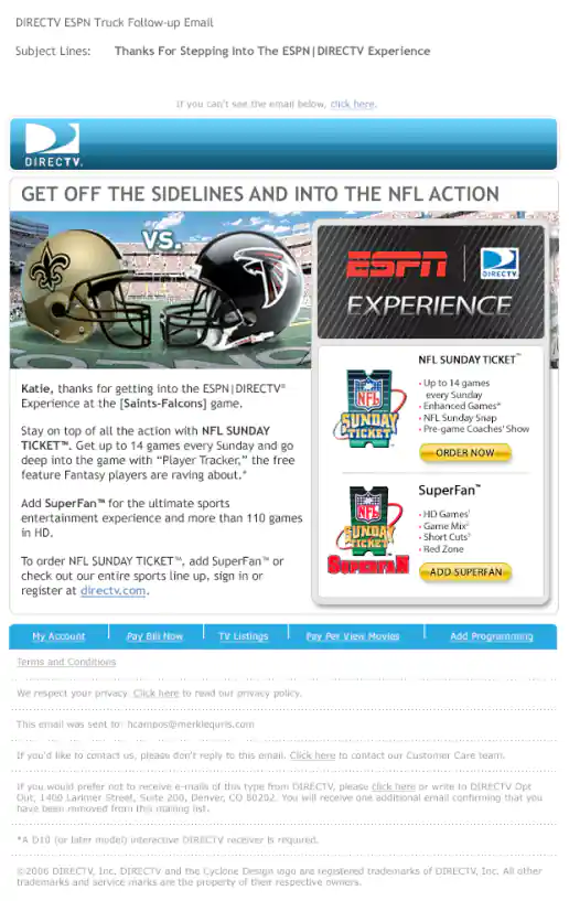 ESPN Experience Followup - NFL Sunday Ticket, SuperFan Email