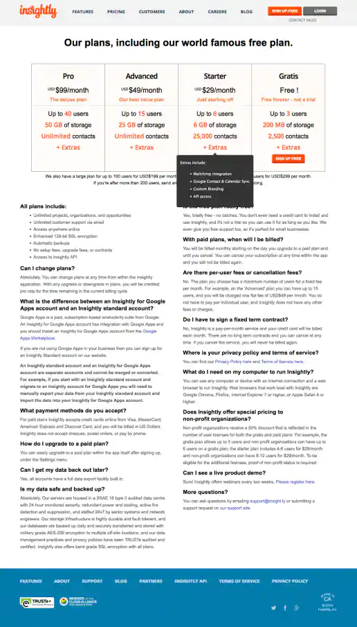 Insightly.com Pricing Page Test Variations