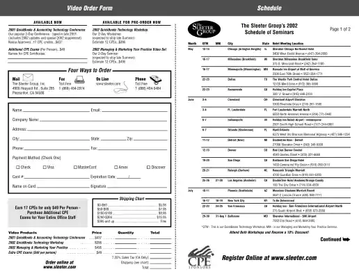 Sleeter Group 2-Sided Mailer Insert With Seminar Schedules, Ways To Register, and Ways To Order Forms
